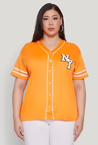 Womens Plus Size New York Patch Baseball Jersey, Orange, Size 2X