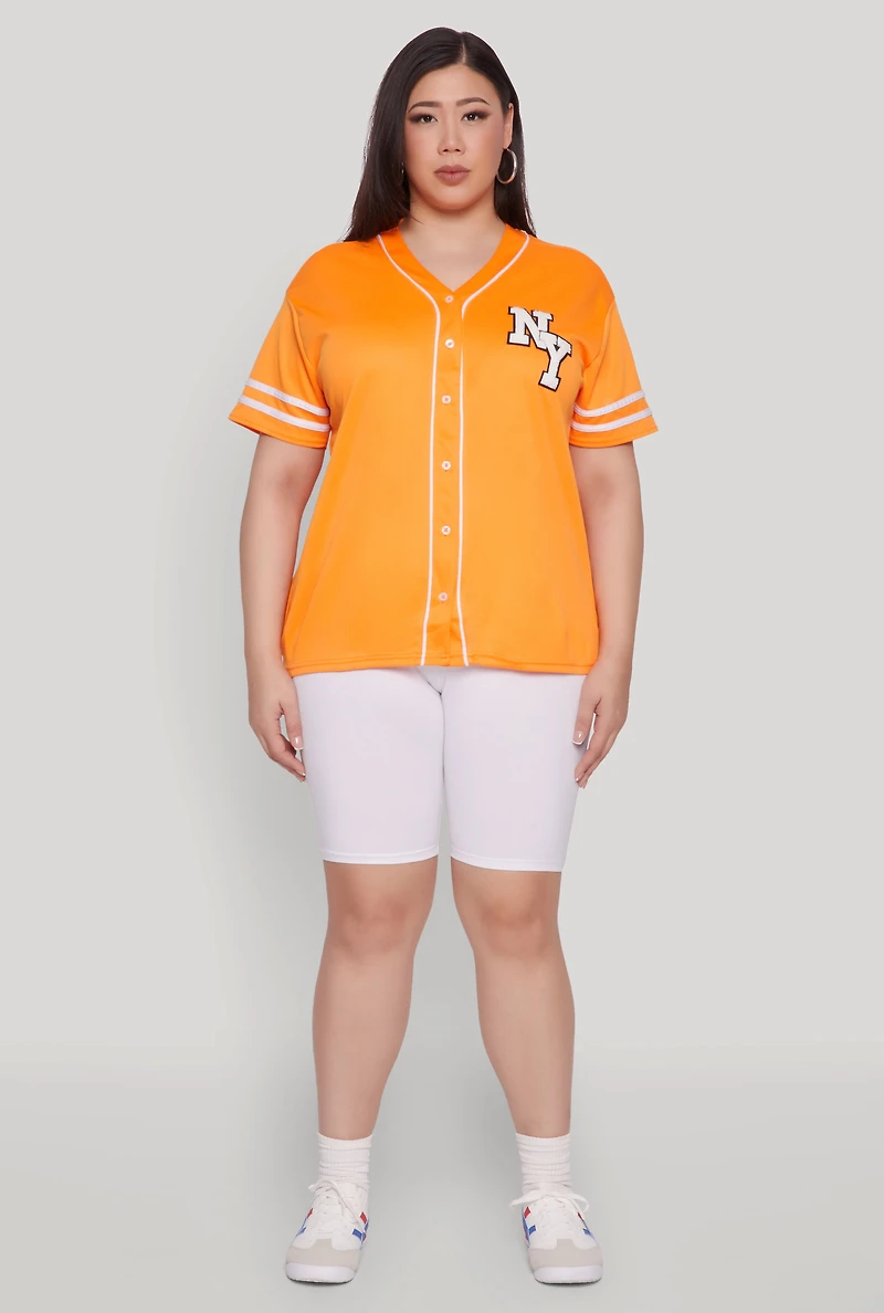 Womens Plus Size New York Patch Baseball Jersey, Orange, Size 2X