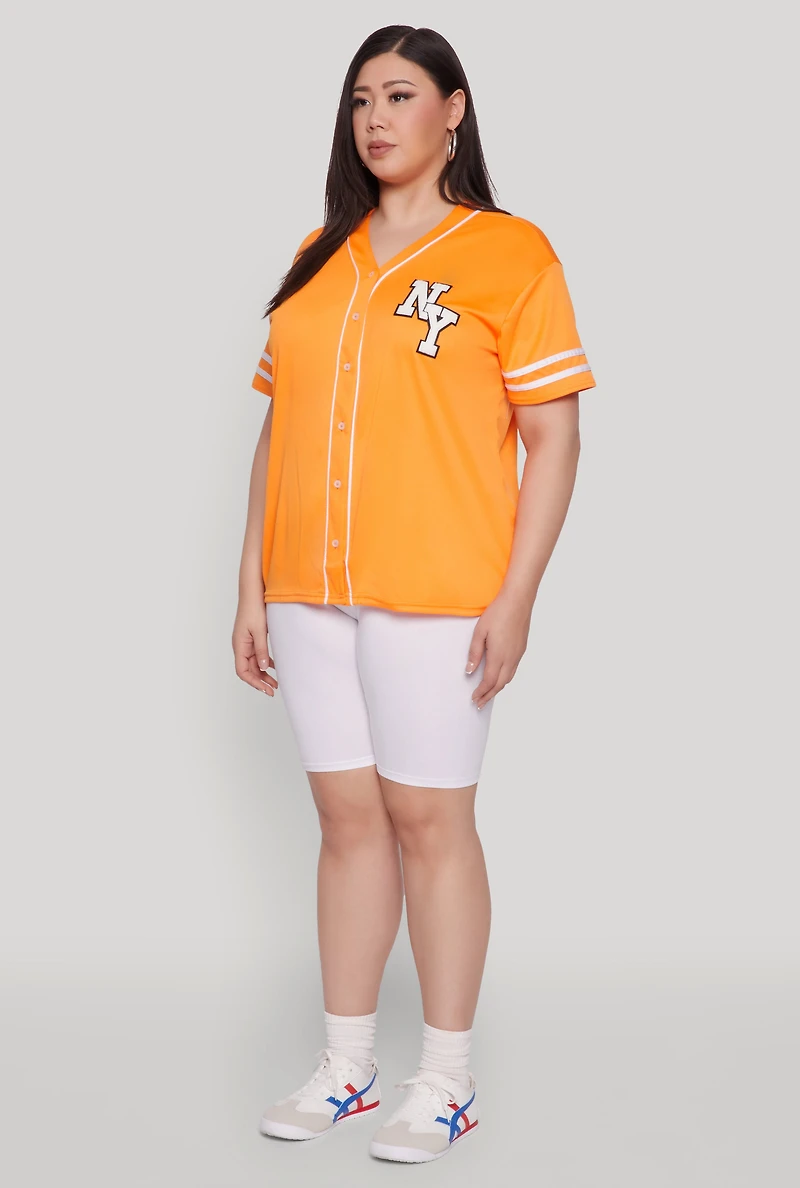 Womens Plus Size New York Patch Baseball Jersey, Orange, Size 3X