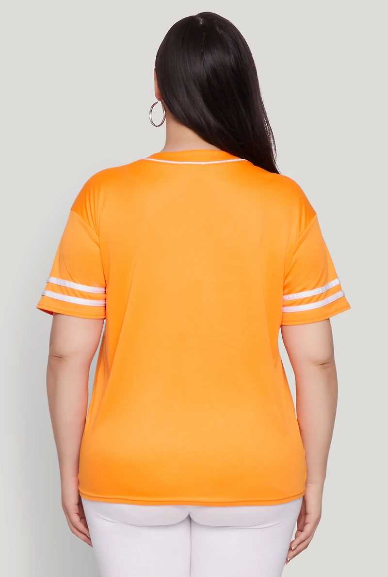 Womens Plus Size New York Patch Baseball Jersey, Orange, Size 2X