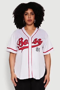 Womens Plus Size Boss 94 Baseball Jersey, White, Size 2X