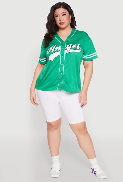 Womens Plus Size Angel Graphic Baseball Tee, Green, Size 2X