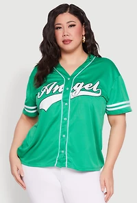 Womens Plus Size Angel Graphic Baseball Tee, Green, Size 2X