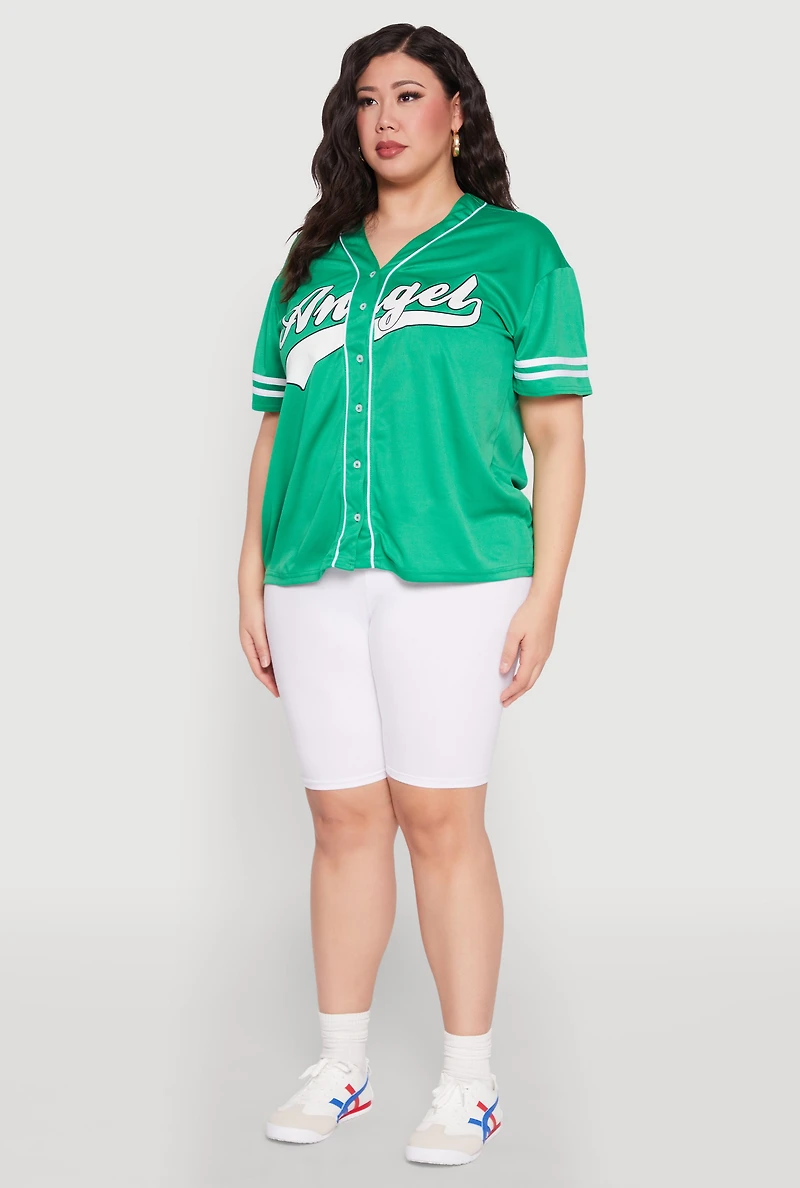 Womens Plus Size Angel Graphic Baseball Tee, Green, Size 2X