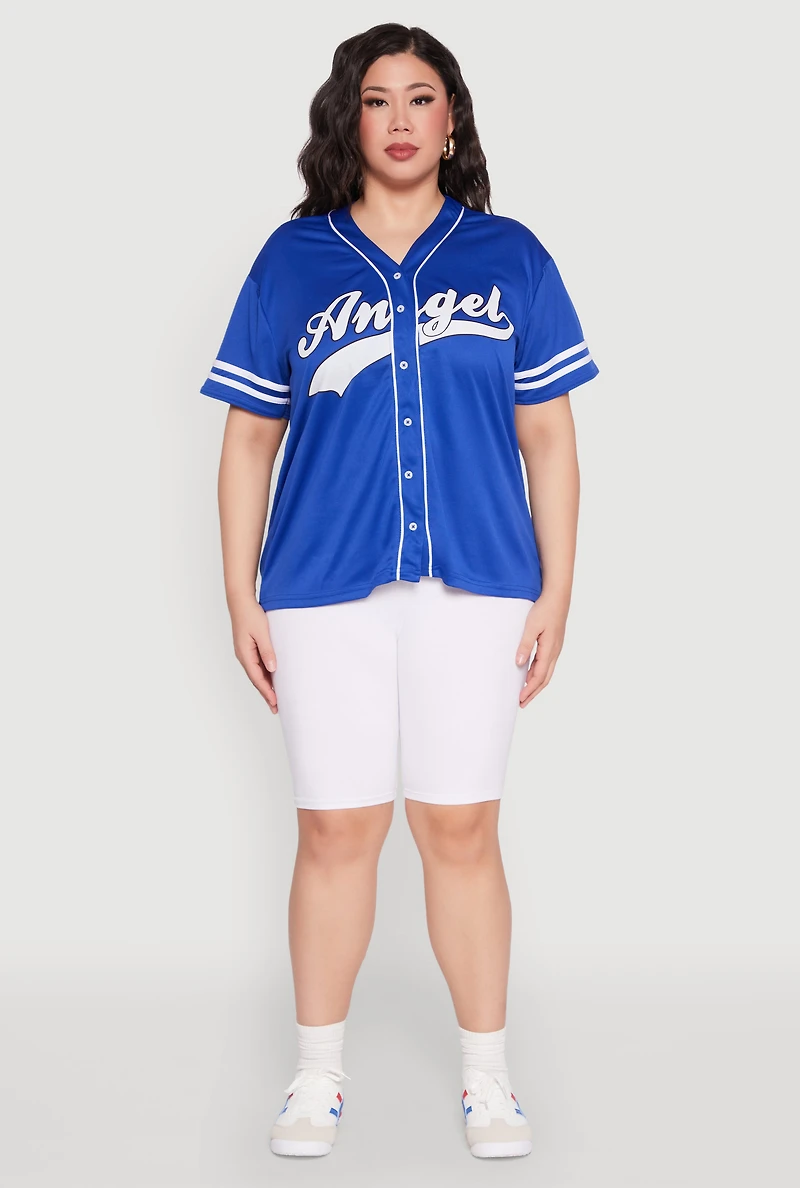 Womens Plus Size Angel Graphic Baseball Tee, Blue, Size 2X