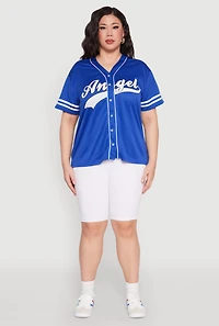 Womens Plus Size Angel Graphic Baseball Tee, Blue, Size 2X