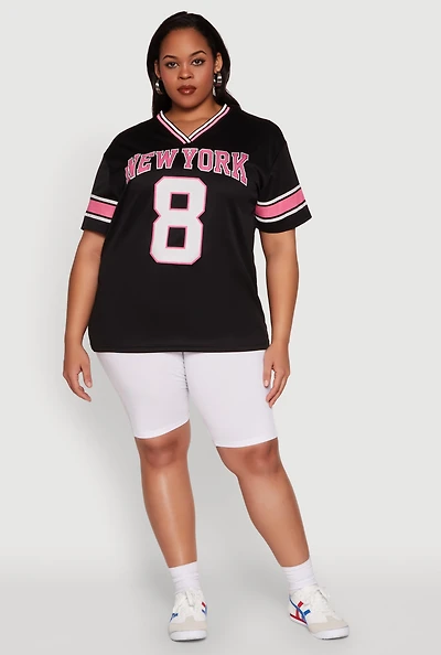 Womens Plus Size Varsity Stripe New York Graphic Jersey, Black, Size 3X
