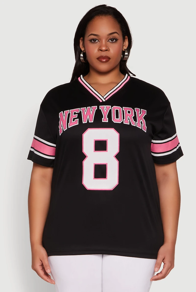 Womens Plus Size Varsity Stripe New York Graphic Jersey, Black, Size 2X