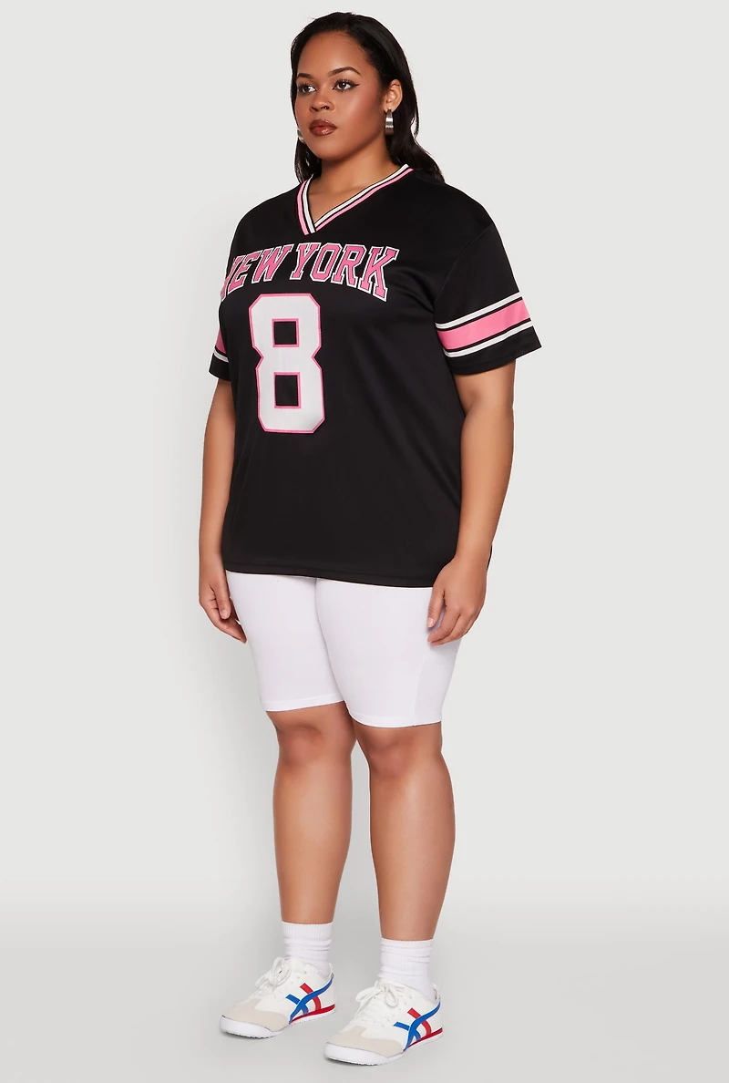 Womens Plus Size Varsity Stripe New York Graphic Jersey, Black, Size 2X