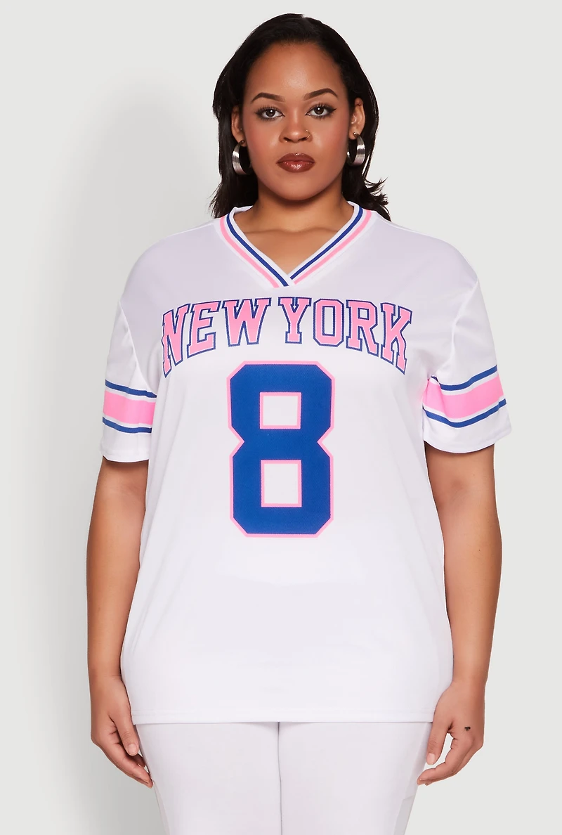 Womens Plus Size Varsity Stripe New York Graphic Jersey, Multi, Size 2X