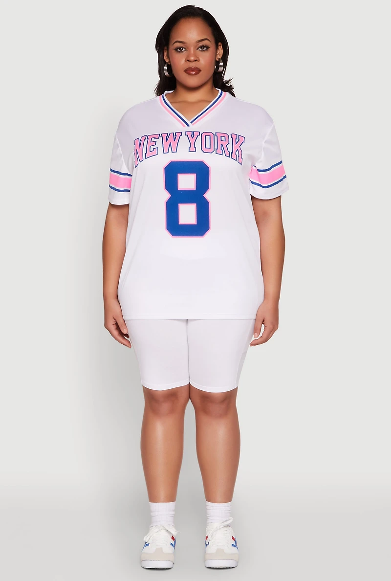 Womens Plus Size Varsity Stripe New York Graphic Jersey, Multi, Size 2X