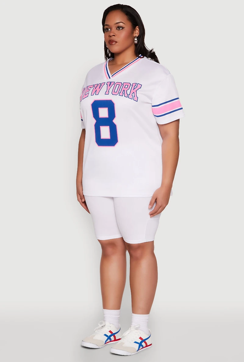 Womens Plus Size Varsity Stripe New York Graphic Jersey, Multi, Size 2X