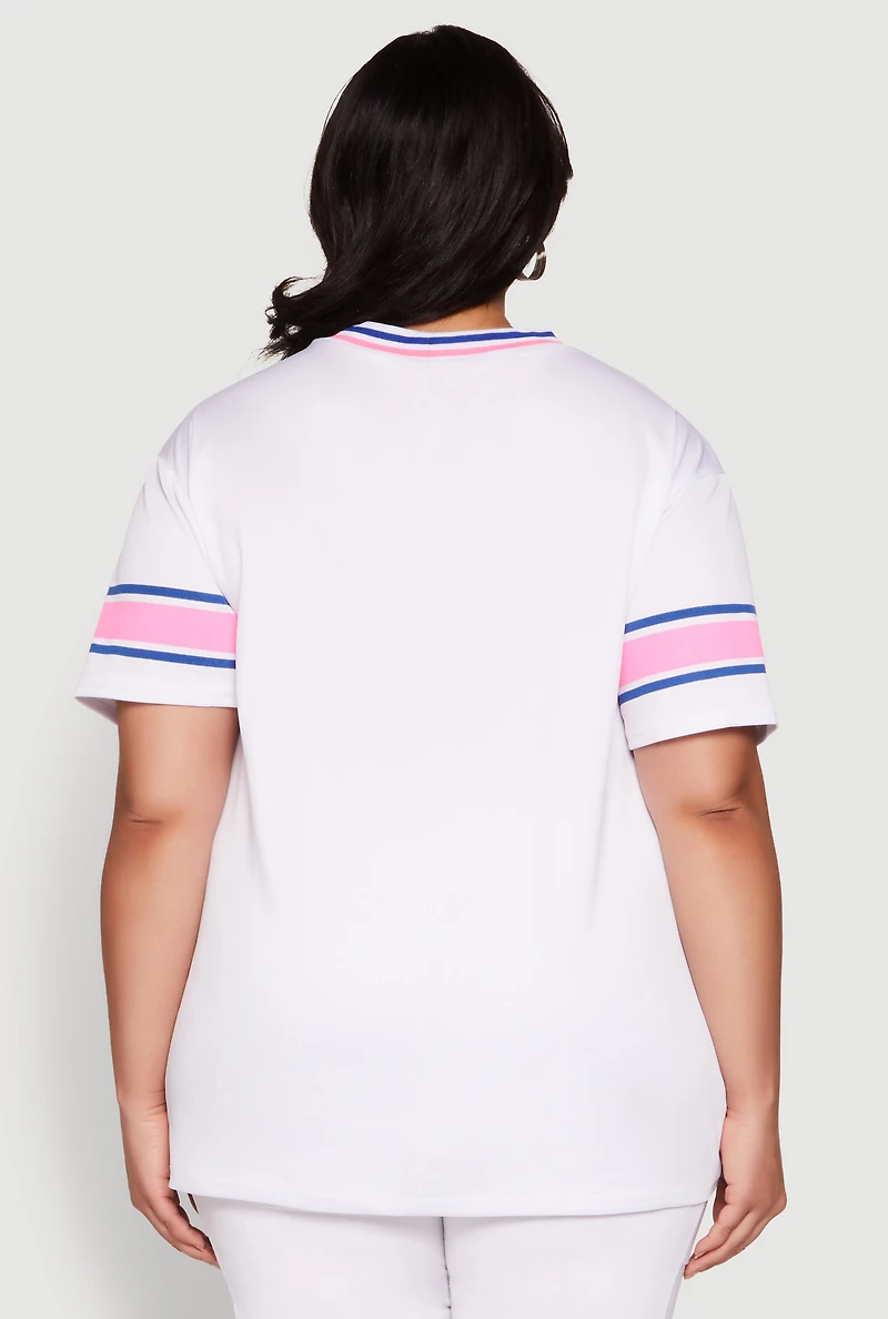 Womens Plus Size Varsity Stripe New York Graphic Jersey, Multi, Size 2X