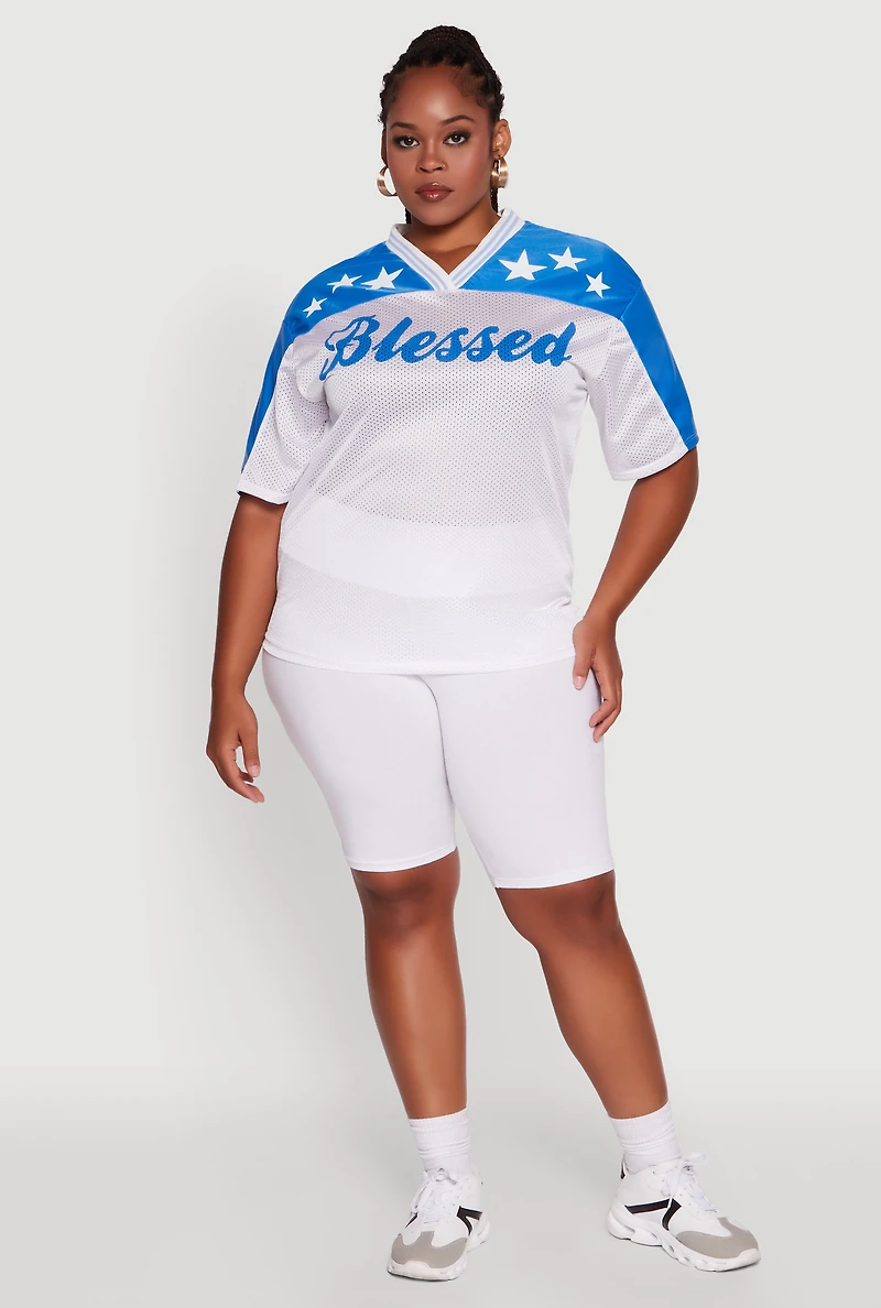 Womens Plus Size Blessed Graphic V-Neck Jersey, White, Size 1X
