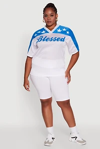 Womens Plus Size Blessed Graphic V-Neck Jersey, White, Size 1X