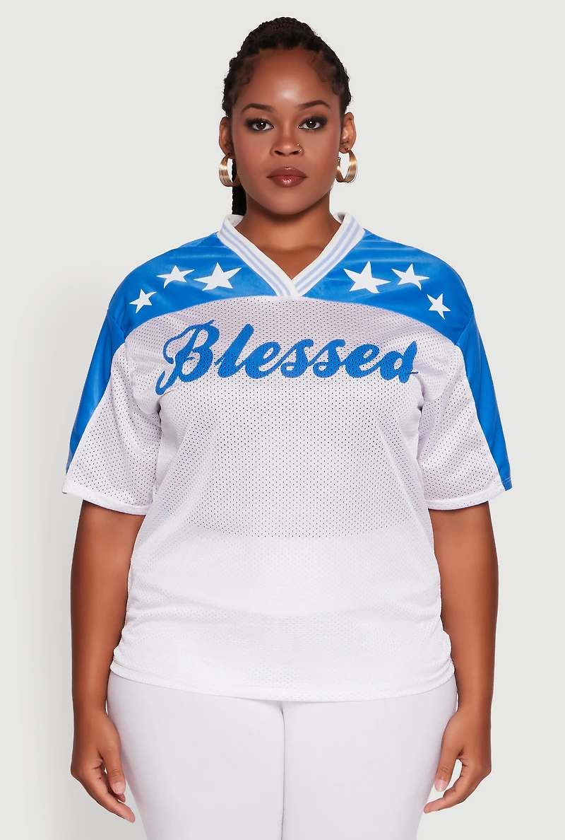 Womens Plus Blessed Graphic V-Neck Jersey, White,