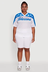 Womens Plus Size Blessed Graphic V-Neck Jersey, White, Size 1X