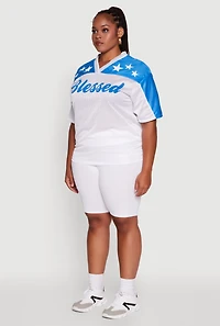 Womens Plus Size Blessed Graphic V-Neck Jersey, White, Size 1X