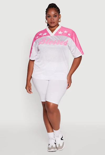 Womens Plus Size Blessed Graphic V-Neck Jersey, White, Size 2X