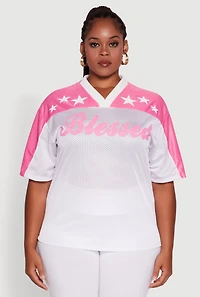 Womens Plus Size Blessed Graphic V-Neck Jersey, White, Size 2X
