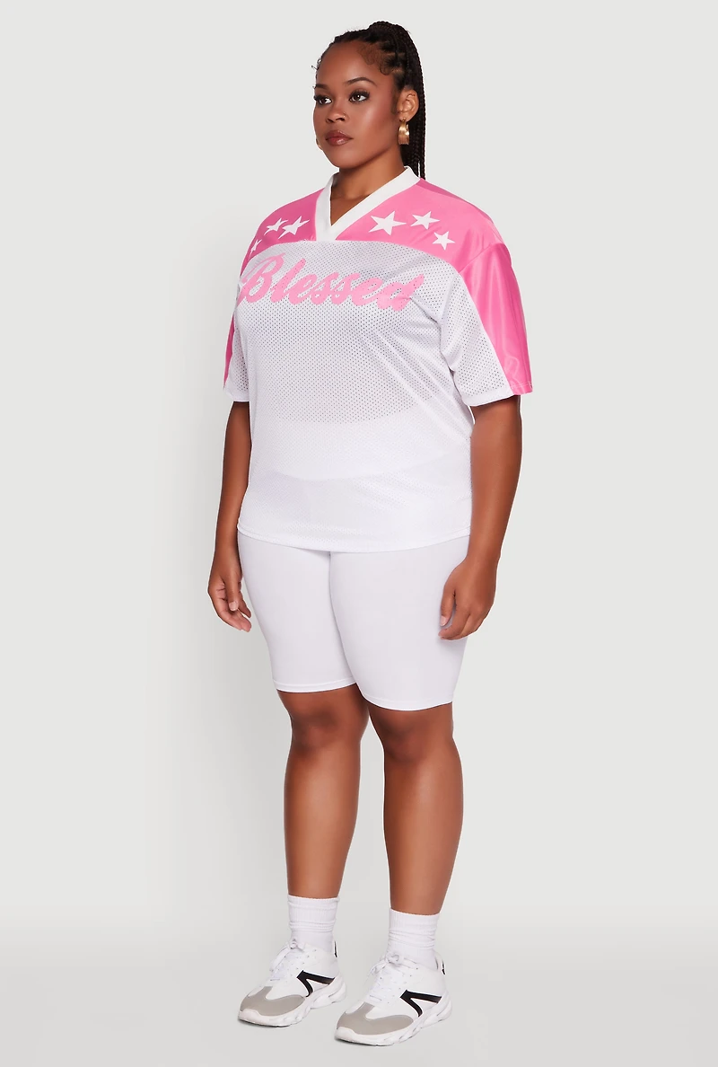 Womens Plus Size Blessed Graphic V-Neck Jersey, White, Size 2X