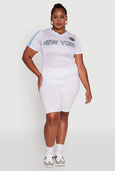 Womens Plus Size Trendy V-Neck New York Graphic Jersey, White, Size 3X