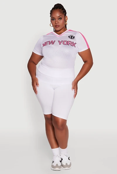Womens Plus Trendy V-Neck New York Graphic Jersey, White,