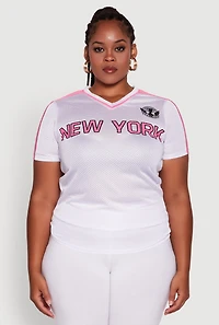 Womens Plus Trendy V-Neck New York Graphic Jersey, White,