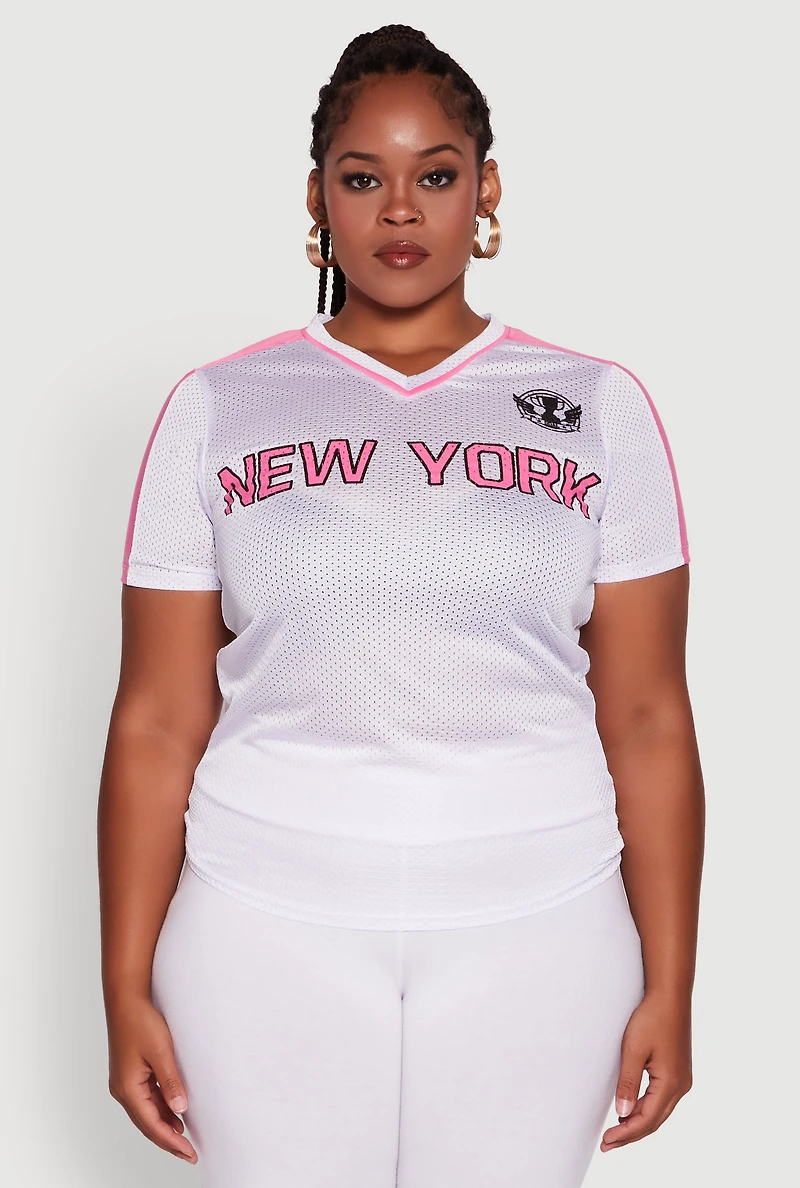 Womens Plus Trendy V-Neck New York Graphic Jersey, White,