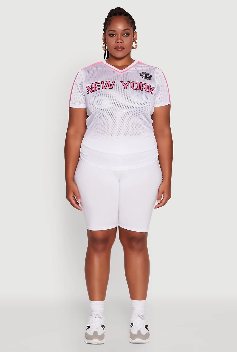 Womens Plus Trendy V-Neck New York Graphic Jersey, White,