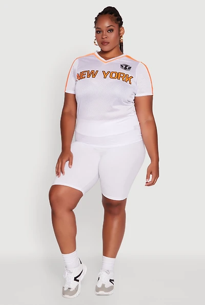 Womens Plus Size Trendy V-Neck New York Graphic Jersey, White, Size 1X