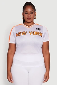 Womens Plus Size Trendy V-Neck New York Graphic Jersey, White, Size 2X