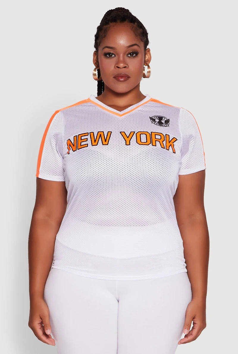 Womens Plus Trendy V-Neck New York Graphic Jersey, White,