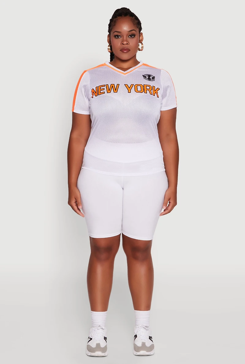 Womens Plus Size Trendy V-Neck New York Graphic Jersey, White, Size 3X
