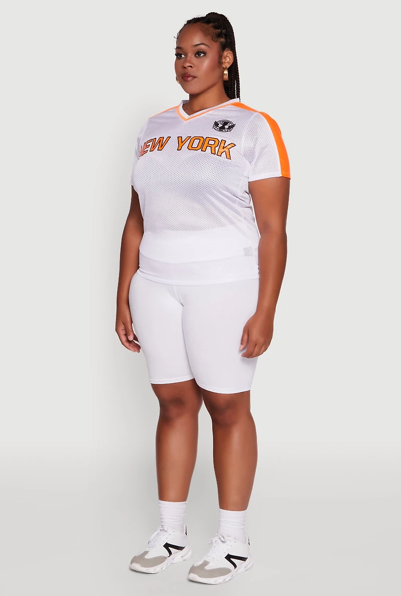 Womens Plus Trendy V-Neck New York Graphic Jersey, White,