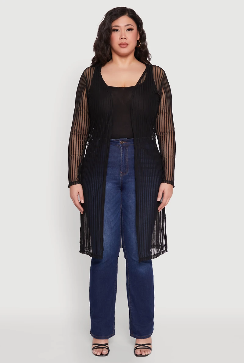 Womens Plus Size Shadow Stripe Mesh Duster, Black, Size 3X