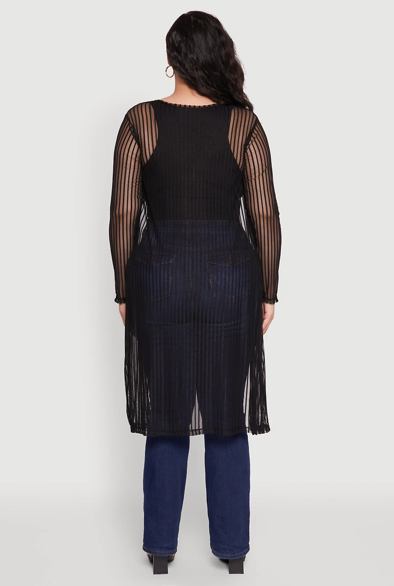 Womens Plus Size Shadow Stripe Mesh Duster, Black, Size 3X