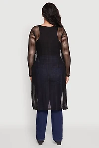 Womens Plus Size Shadow Stripe Mesh Duster, Black, Size 3X