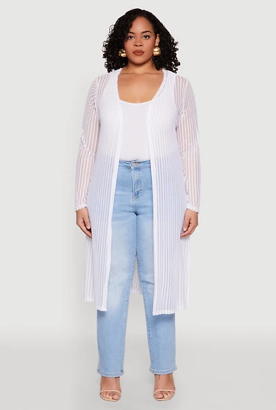 Womens Plus Size Shadow Stripe Mesh Duster, White, Size 3X