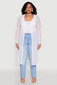 Womens Plus Size Shadow Stripe Mesh Duster, White, Size 3X