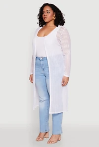 Womens Plus Size Shadow Stripe Mesh Duster, White, Size 3X