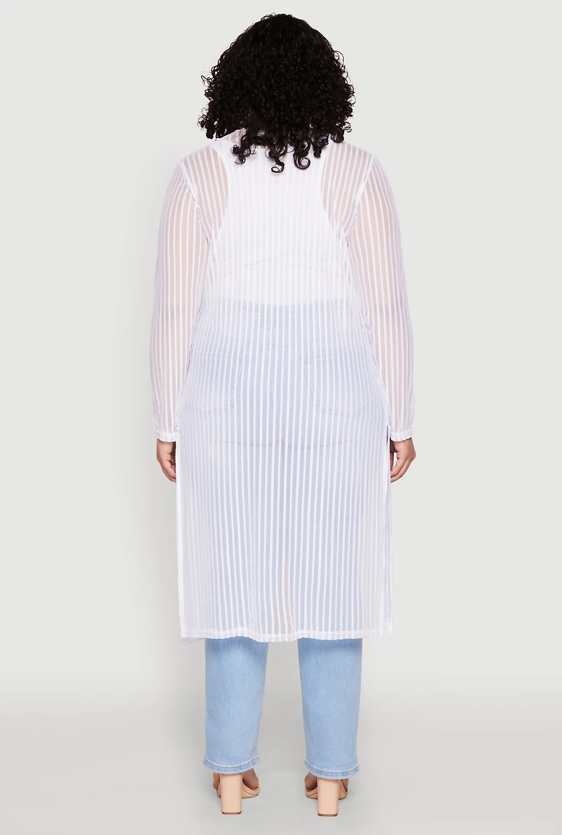 Womens Plus Size Shadow Stripe Mesh Duster, White, Size 3X