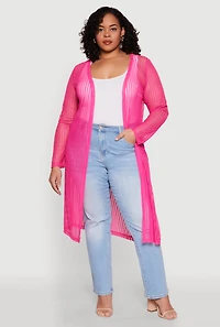 Womens Plus Size Shadow Stripe Mesh Duster, Pink, Size 2X