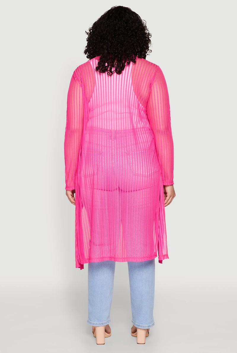Womens Plus Size Shadow Stripe Mesh Duster, Pink, Size 2X