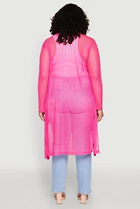 Womens Plus Size Shadow Stripe Mesh Duster, Pink, Size 3X
