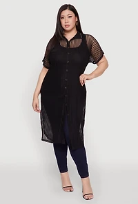 Womens Plus Mesh Button Front Side Slit Shirt, 1X