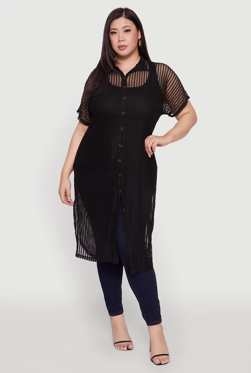 Plus Mesh Button Front Side Slit Shirt
