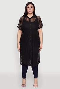 Womens Plus Mesh Button Front Side Slit Shirt, 1X