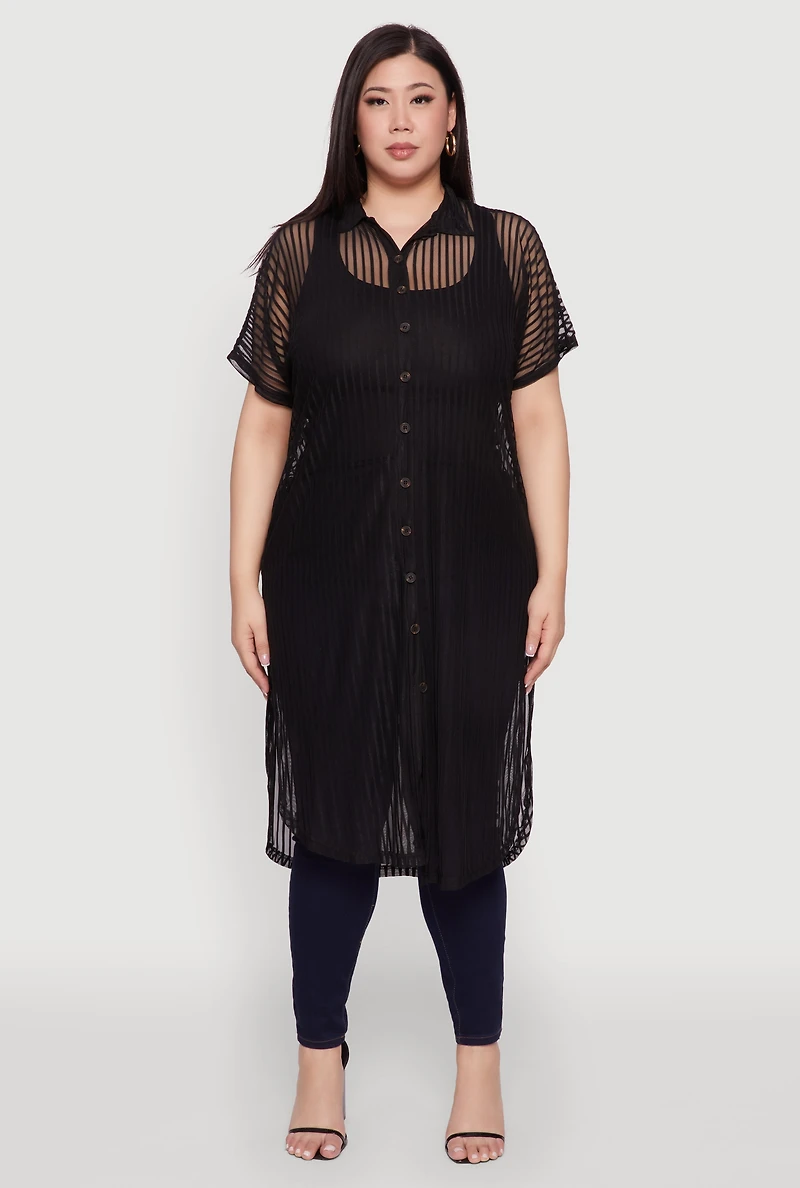 Womens Plus Size Mesh Button Front Side Slit Shirt, Black, Size 4X