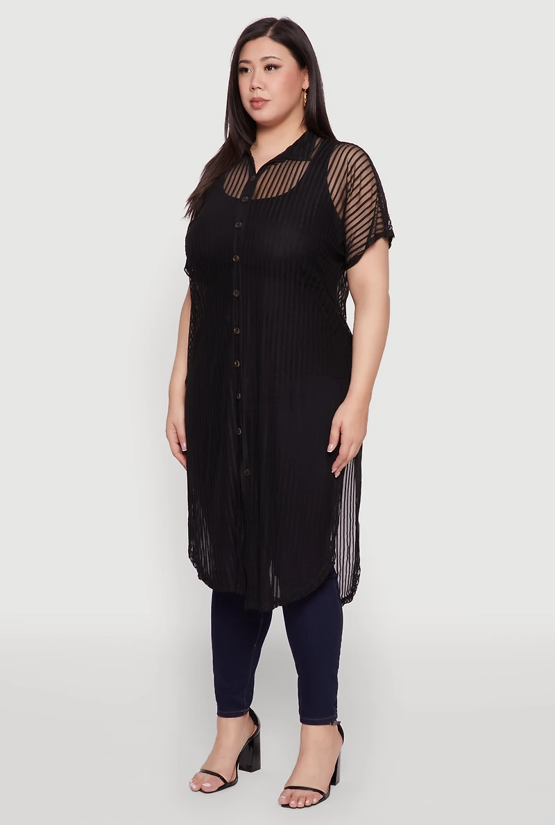 Womens Plus Size Mesh Button Front Side Slit Shirt, Black, Size 4X